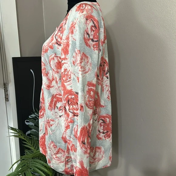 ST JOHN pink and silver rose print  button down cardigan wool lurex Women’s XL - Picture 5 of 14